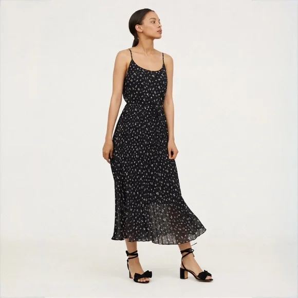 H&M Black Floral Pleated Midi Dress Size XS Spaghetti Strap Lightweight Summer - Picture 7 of 11